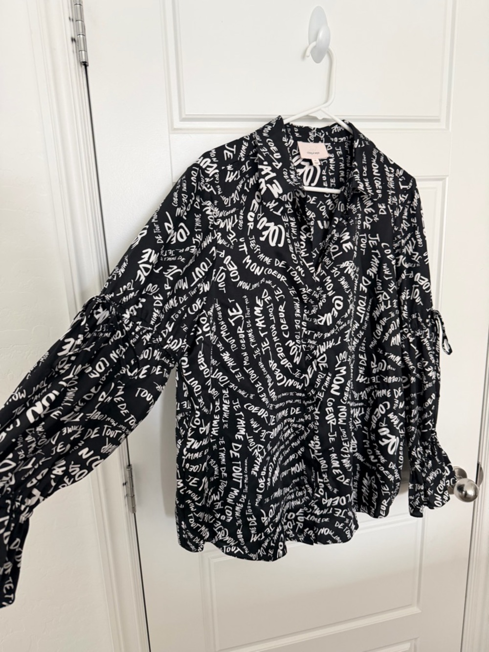 cinq a sept Black with White Script Ruffled Blouse - Picture 5 of 6